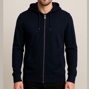 JOHN VARVATOS Luxe merino wool zip front cardigan sweater w/hood navy blue large